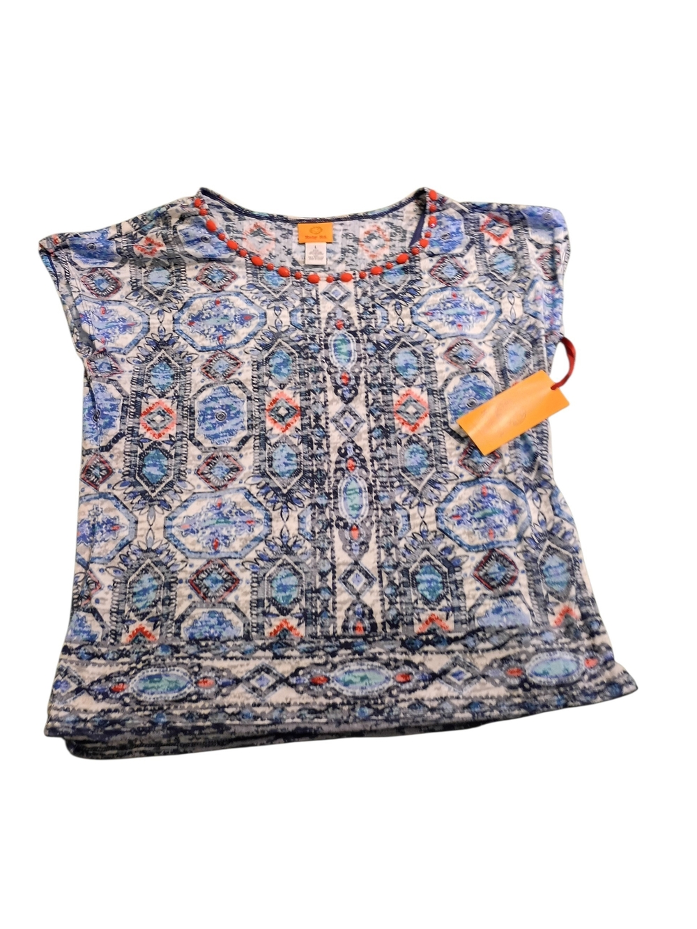 NWT Ruby Rd. Blue  Orange Geometric Cap-Sleeve Tunic Top Shirt Beads